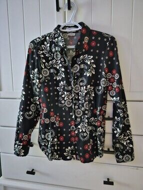 Black 100% Cotton Floral Button-Up Shirt with Red Accents Sz S